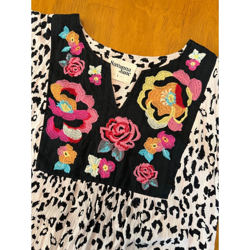 Savanna Jane Floral Embroidered Leopard Print Boho Top Large Pink Black 16719-L